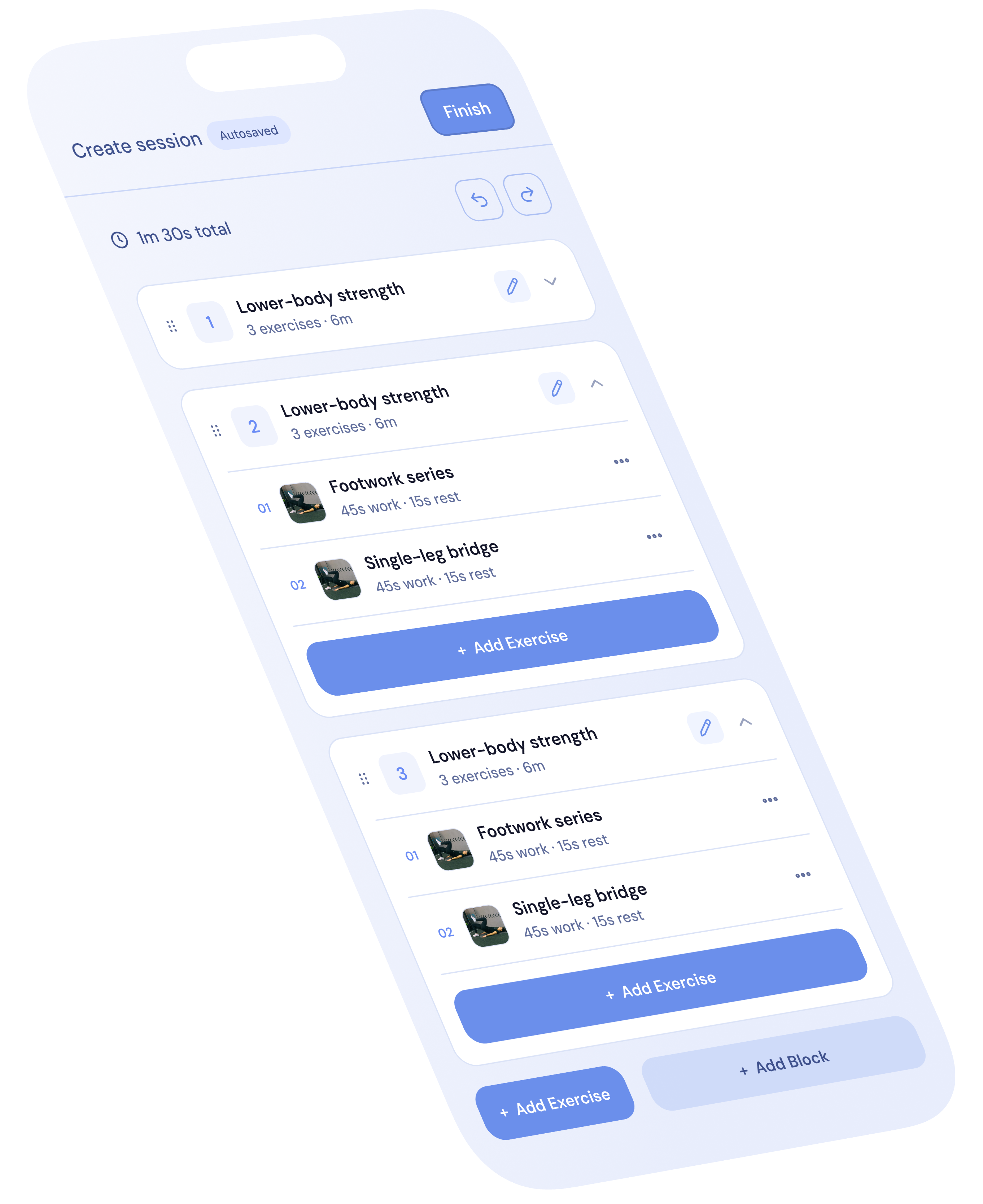 The Komi instructor app showing a class session builder with three exercise blocks